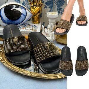 🆕 KURT GEIGER LONDON 🧿 NWOB Meena Eagle Black & Gold Studded Slide, Sz 6.5